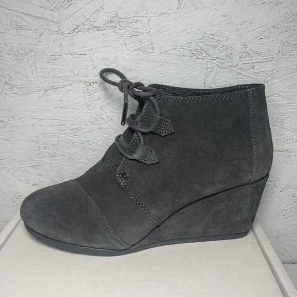 Toms Womens Suede Wedge Booties Desert Gray Sz 9 Heel Lace Up Minimalist - Picture 3 of 14